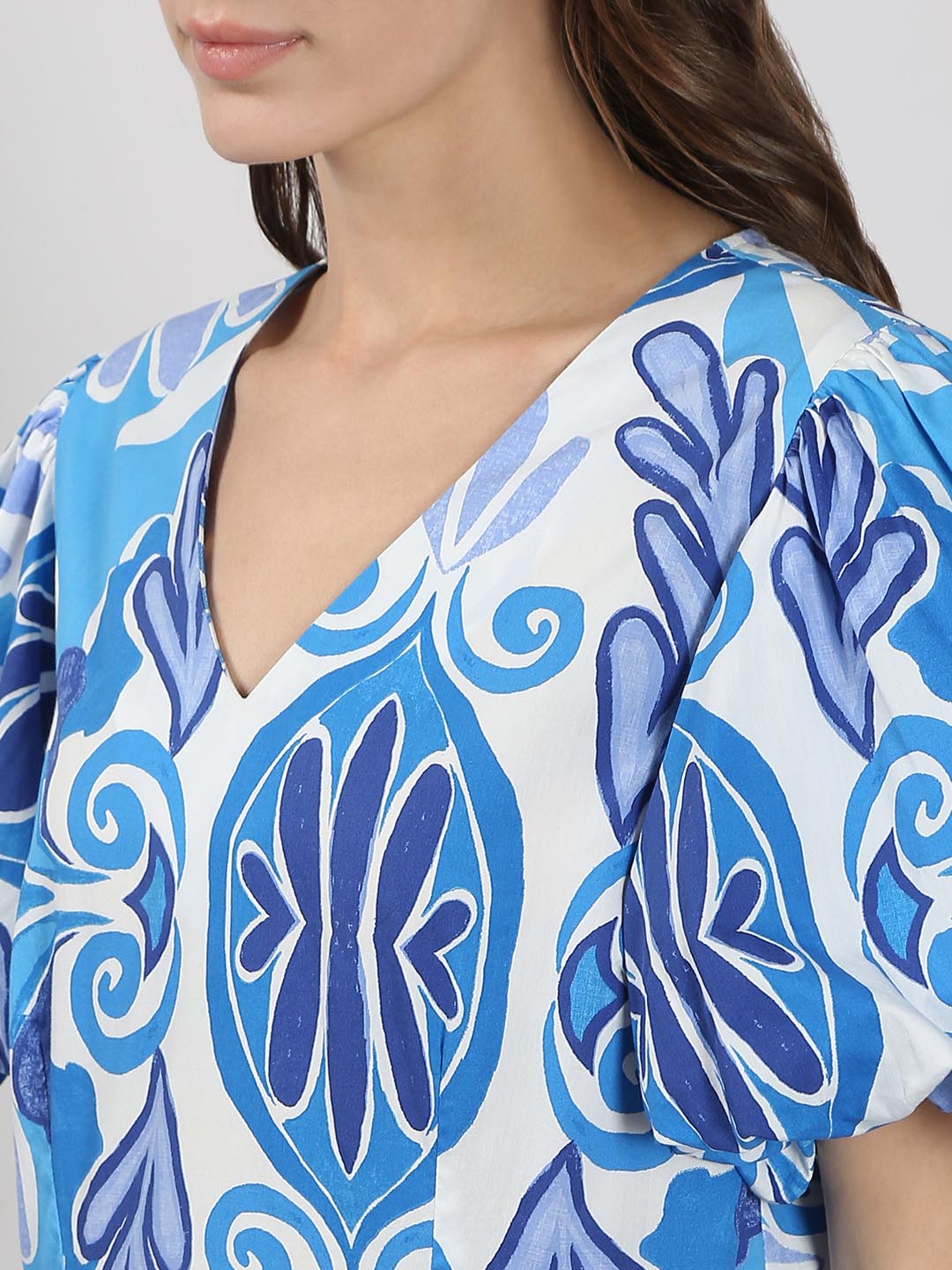 Vero Moda Blue Printed Cotton Midi Dress