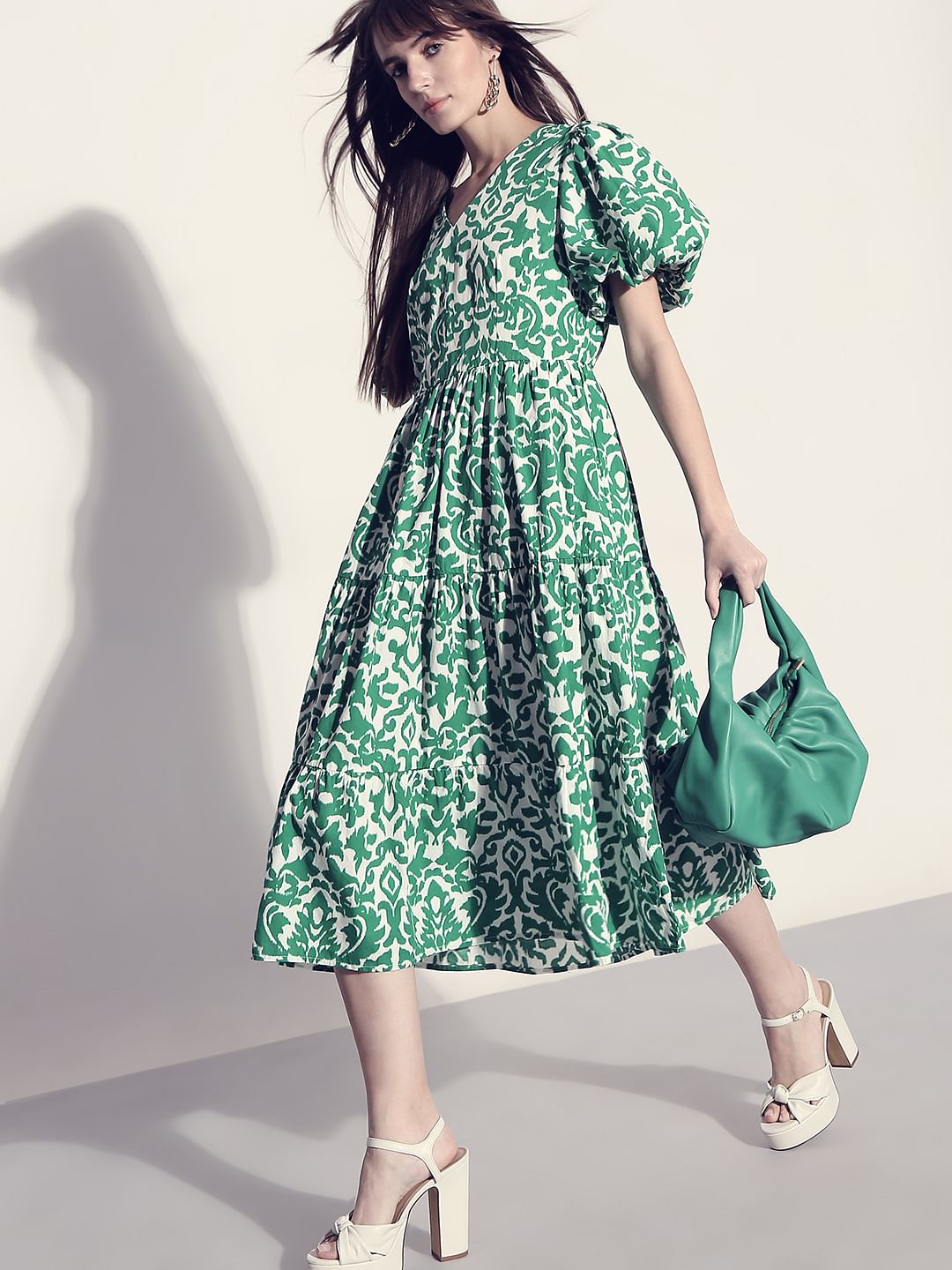 Green Printed Puff Sleeves Midi Dress