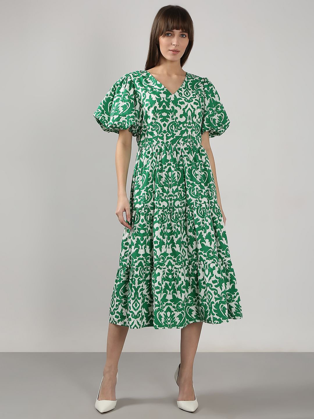 Green Printed Puff Sleeves Midi Dress