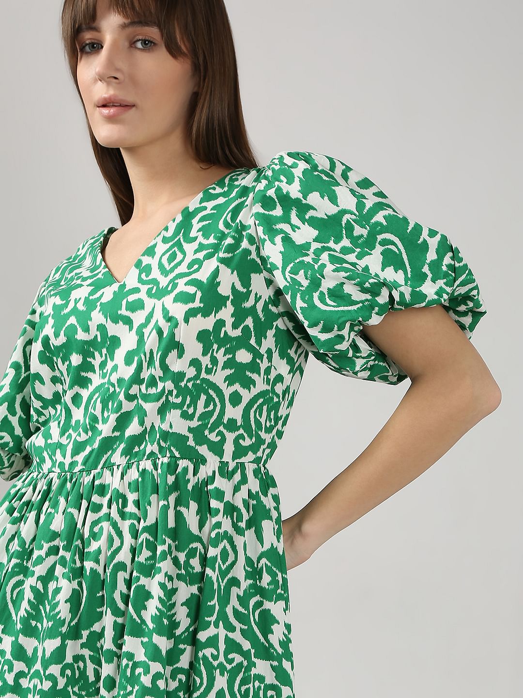 Green Printed Puff Sleeves Midi Dress