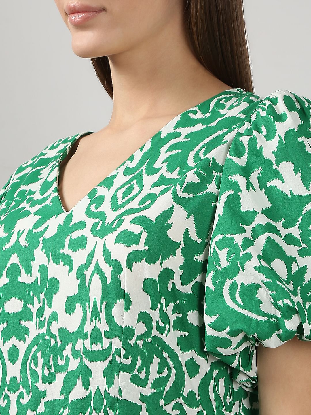 Green Printed Puff Sleeves Midi Dress