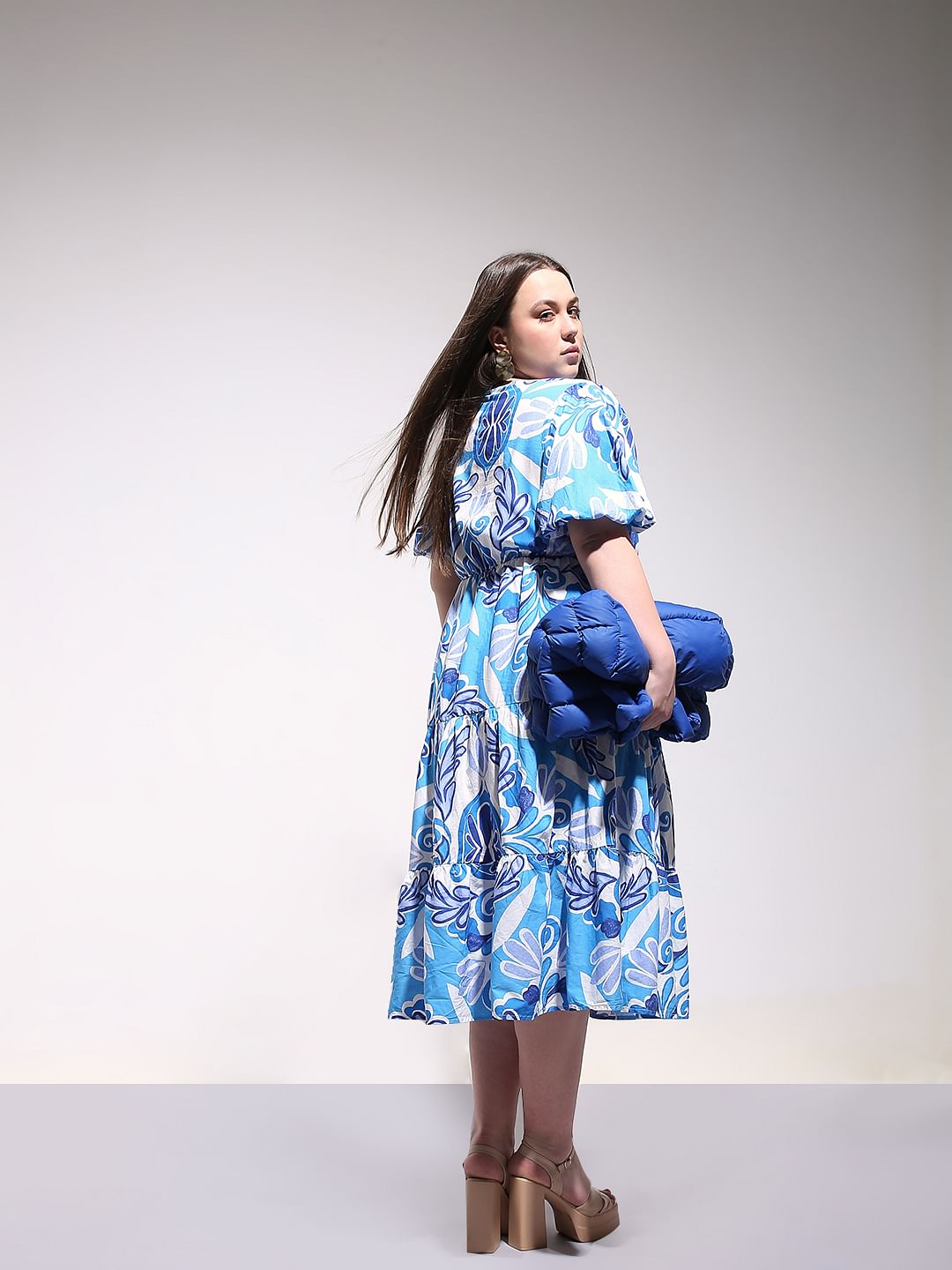 Curve Blue Printed Midi Dress