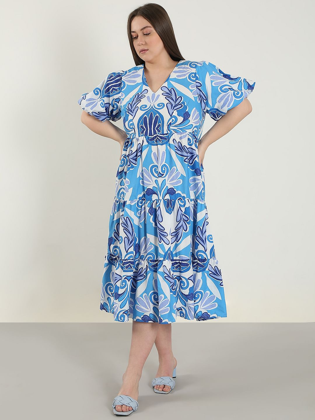Curve Blue Printed Midi Dress