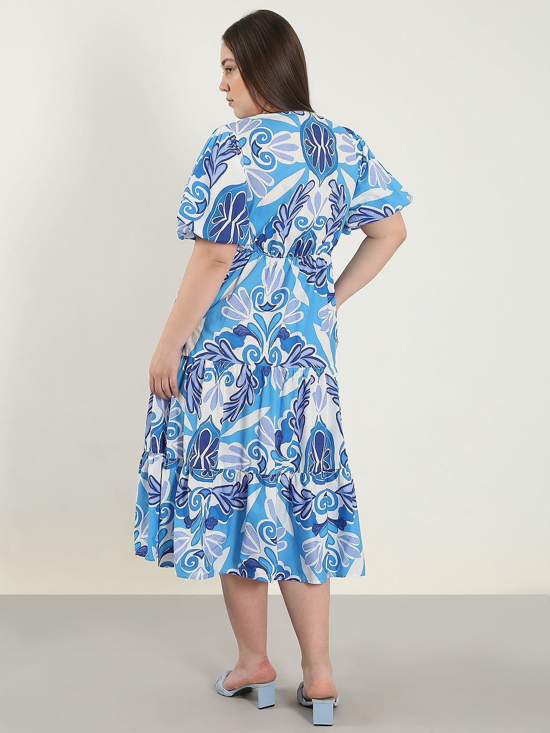 Curve Blue Printed Midi Dress