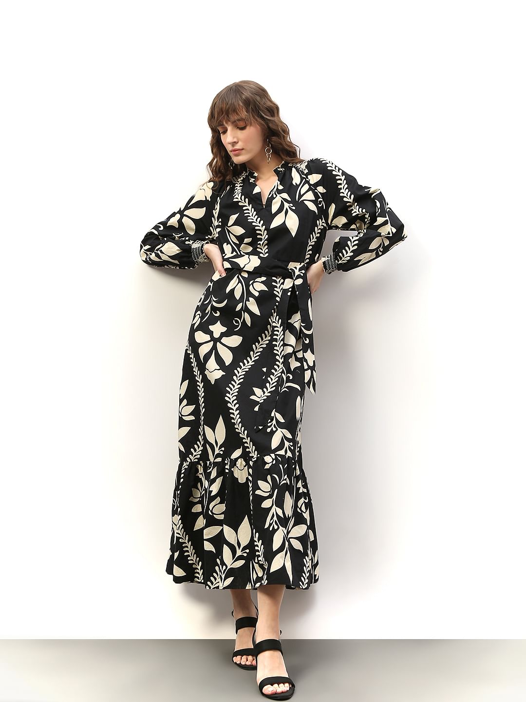 Black Floral Print Cotton Maxi Dress