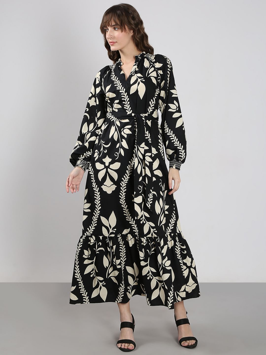 Black Floral Print Cotton Maxi Dress