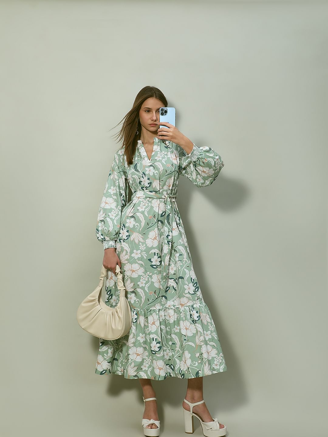 Green Floral Cotton Midi Dress