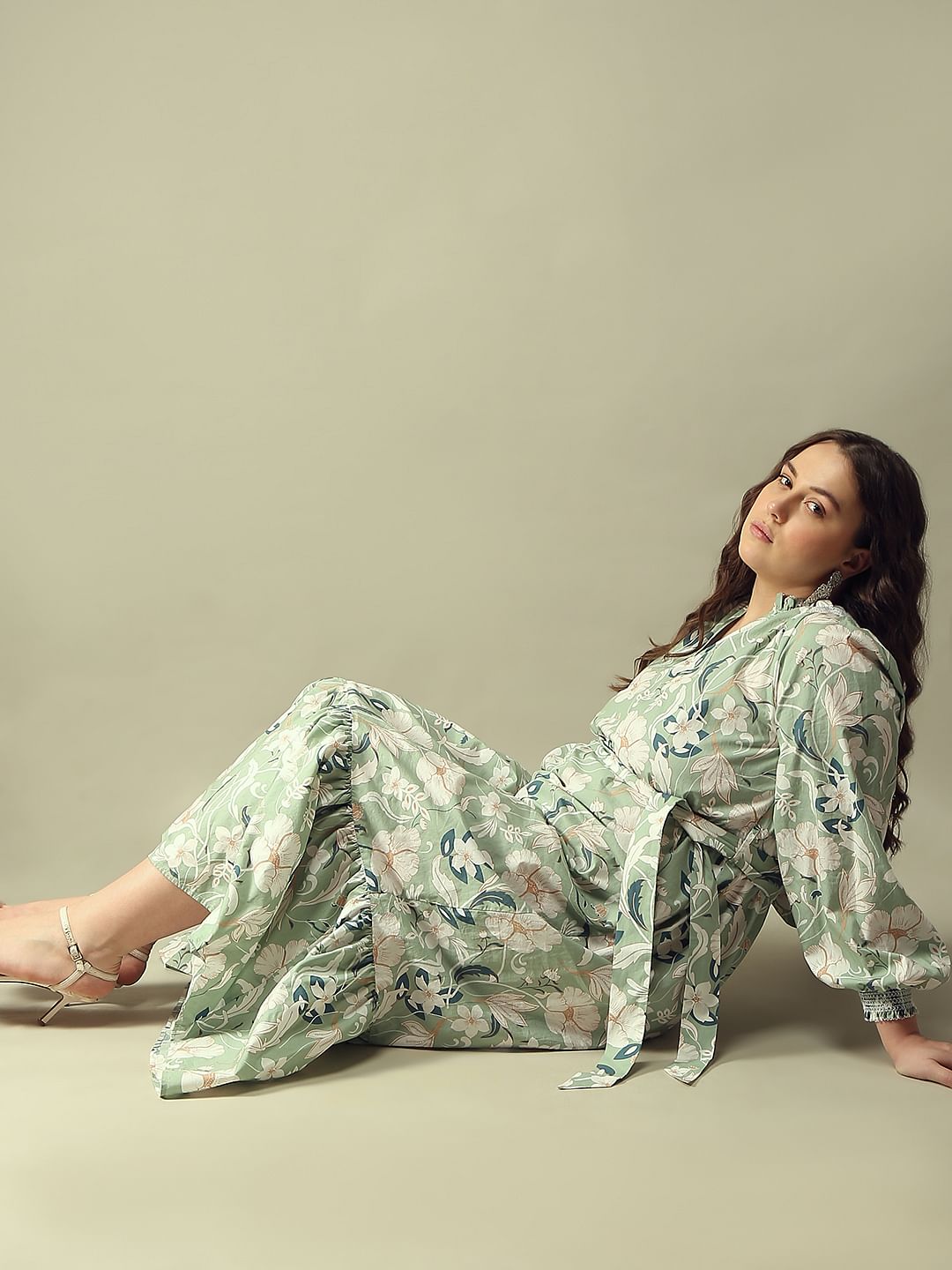 Curve Green Floral Cotton Midi Dress