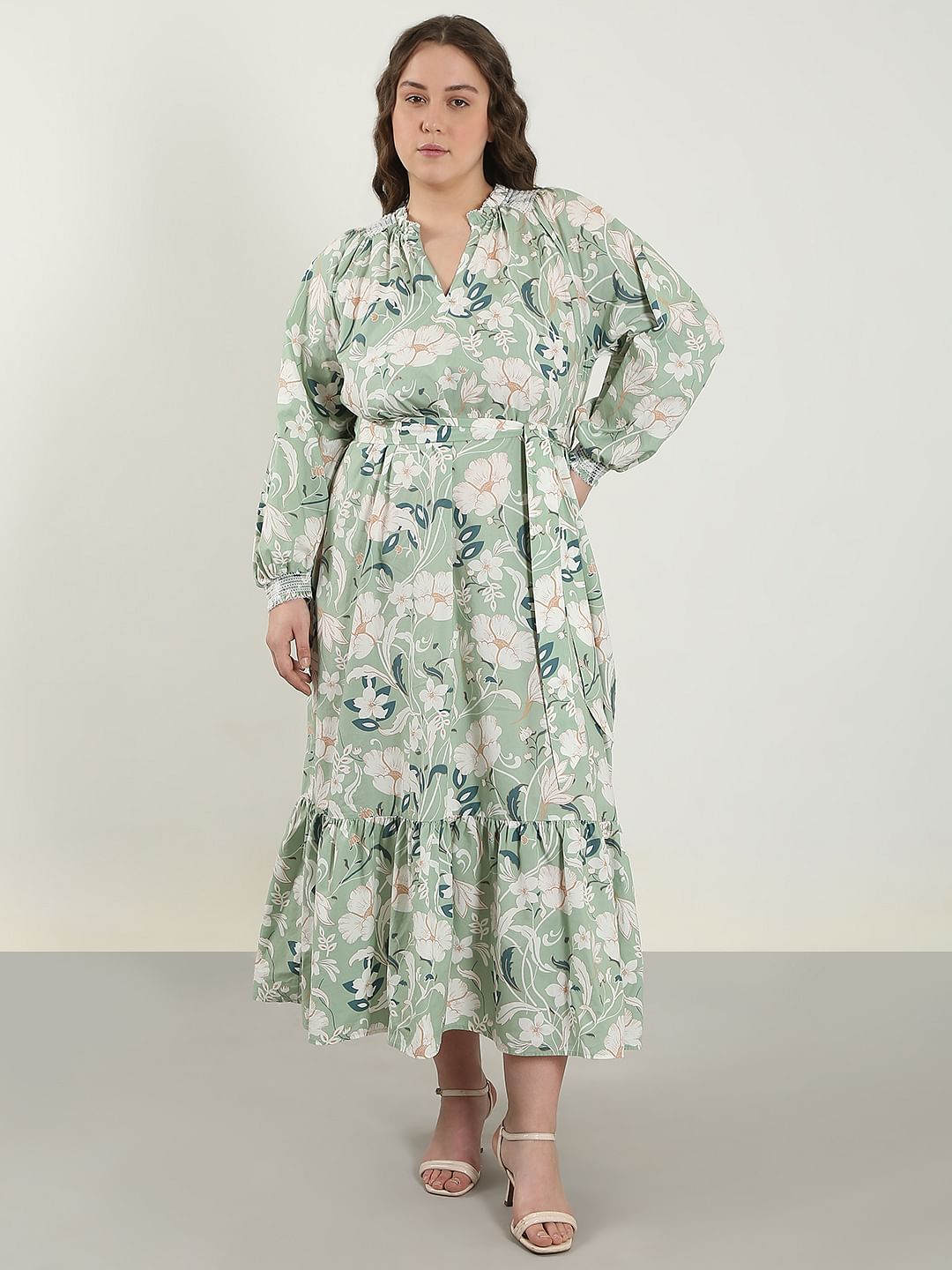 Curve Green Floral Cotton Midi Dress