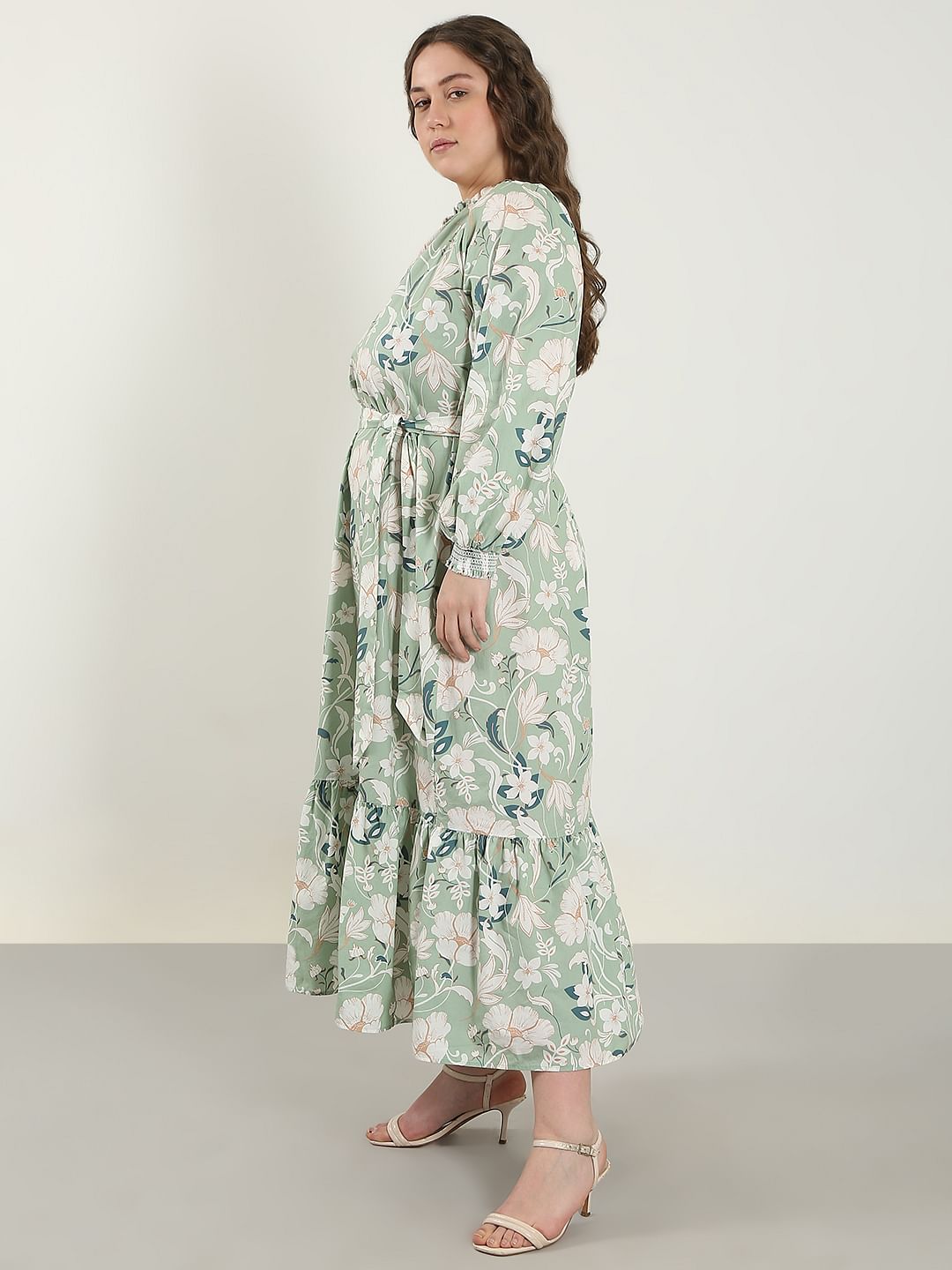 Curve Green Floral Cotton Midi Dress