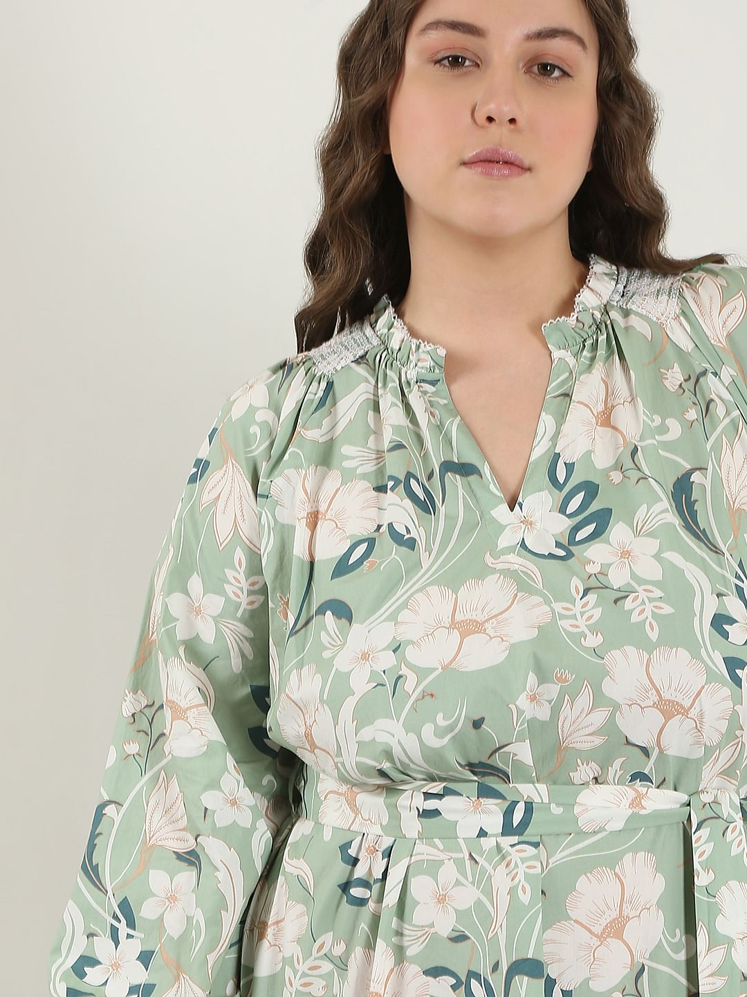 Curve Green Floral Cotton Midi Dress