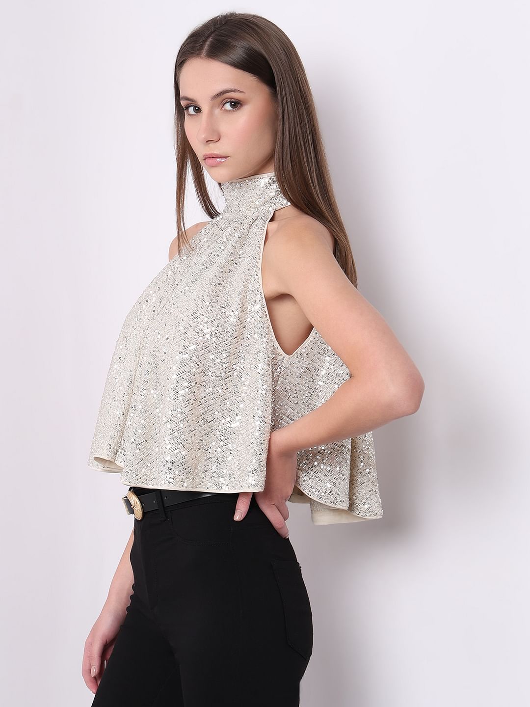 Silver Sequined Halter Neck Top