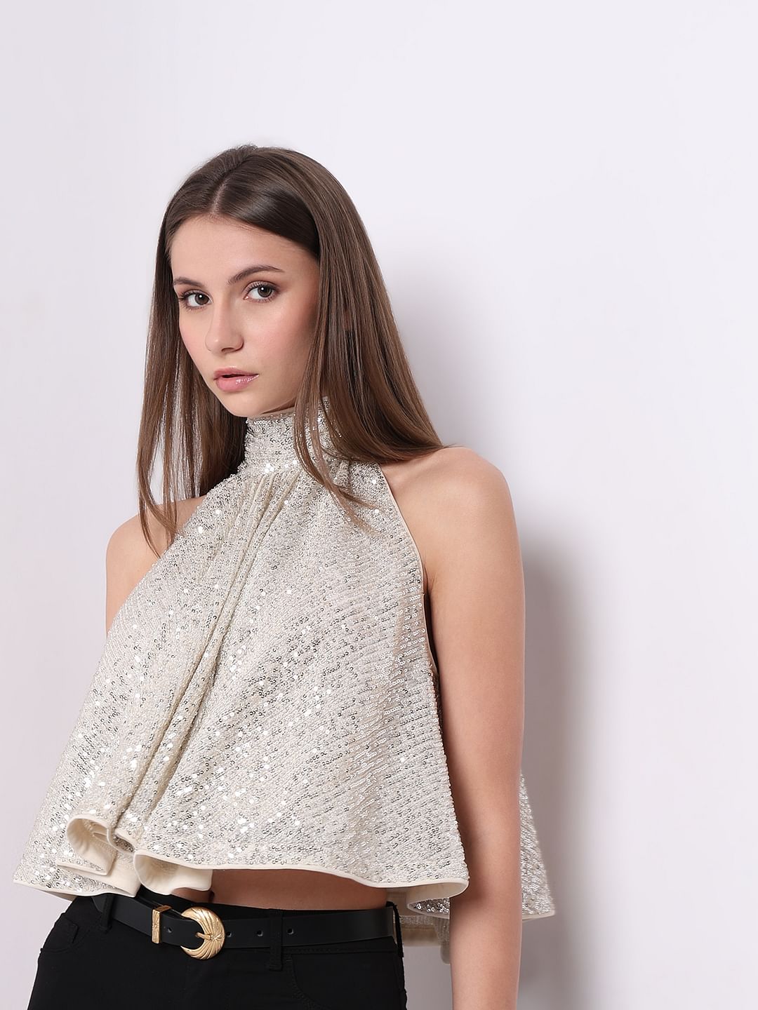 Silver Sequined Halter Neck Top