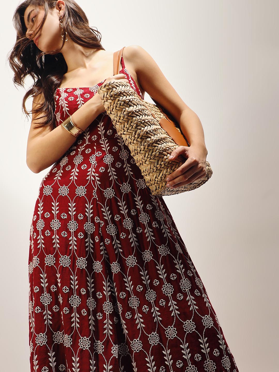 VERO MODA Maroon Embroidered Maxi Dress