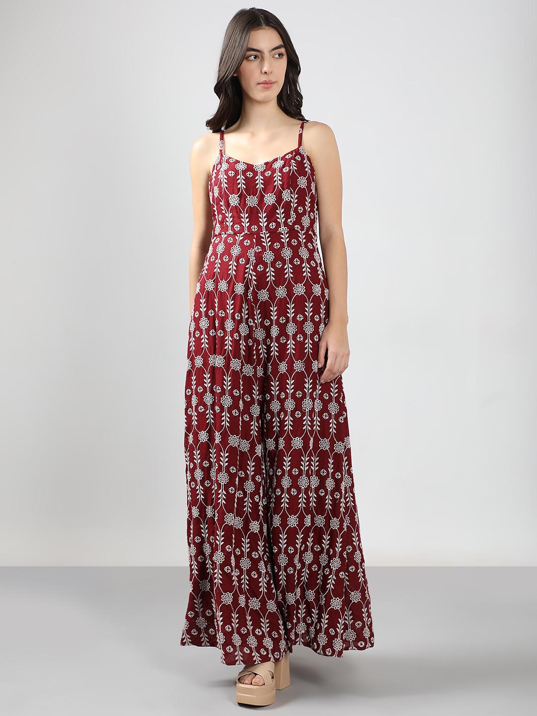 Vero Moda Maroon Embroidered Maxi Dress