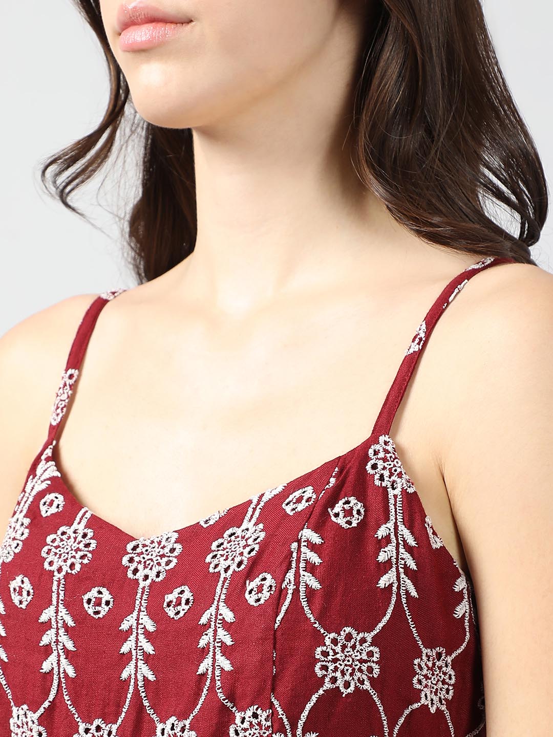 Vero Moda Maroon Embroidered Maxi Dress