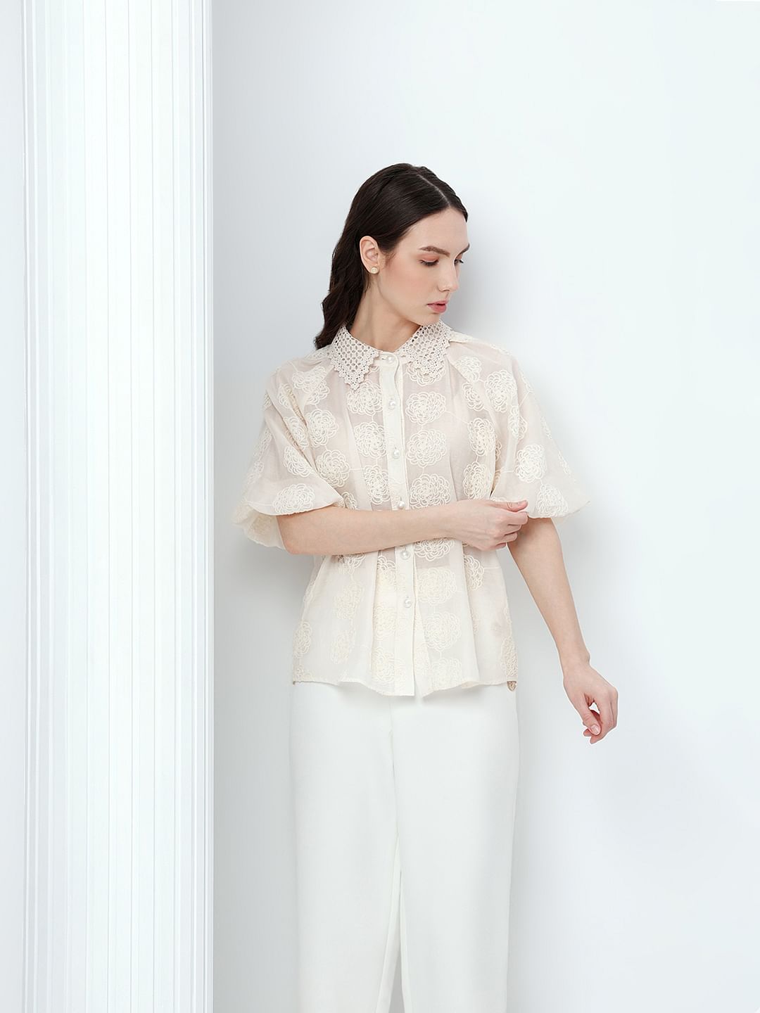 White Embroidered Puff Sleeves Shirt