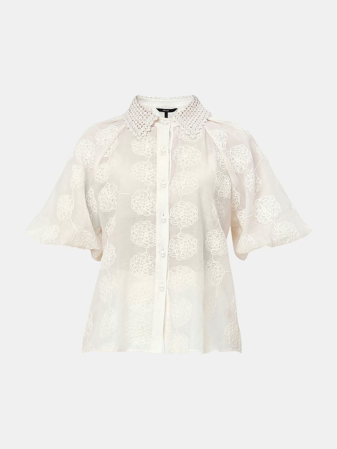 White Embroidered Puff Sleeves Shirt