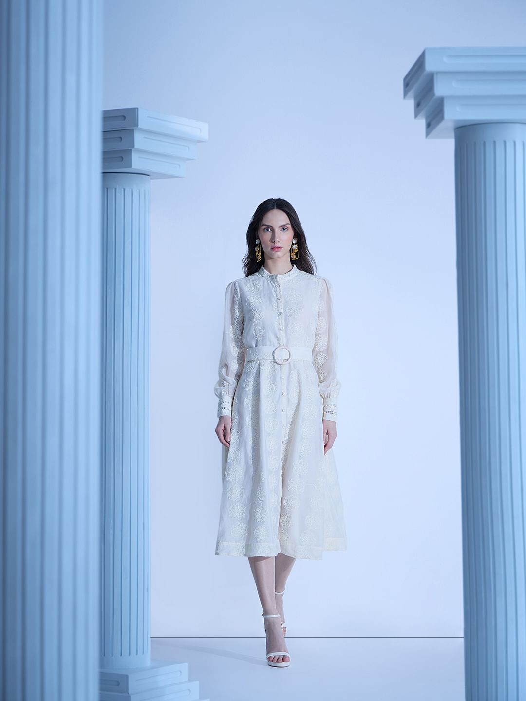 White Embroidered Cuffed Sleeves Dress