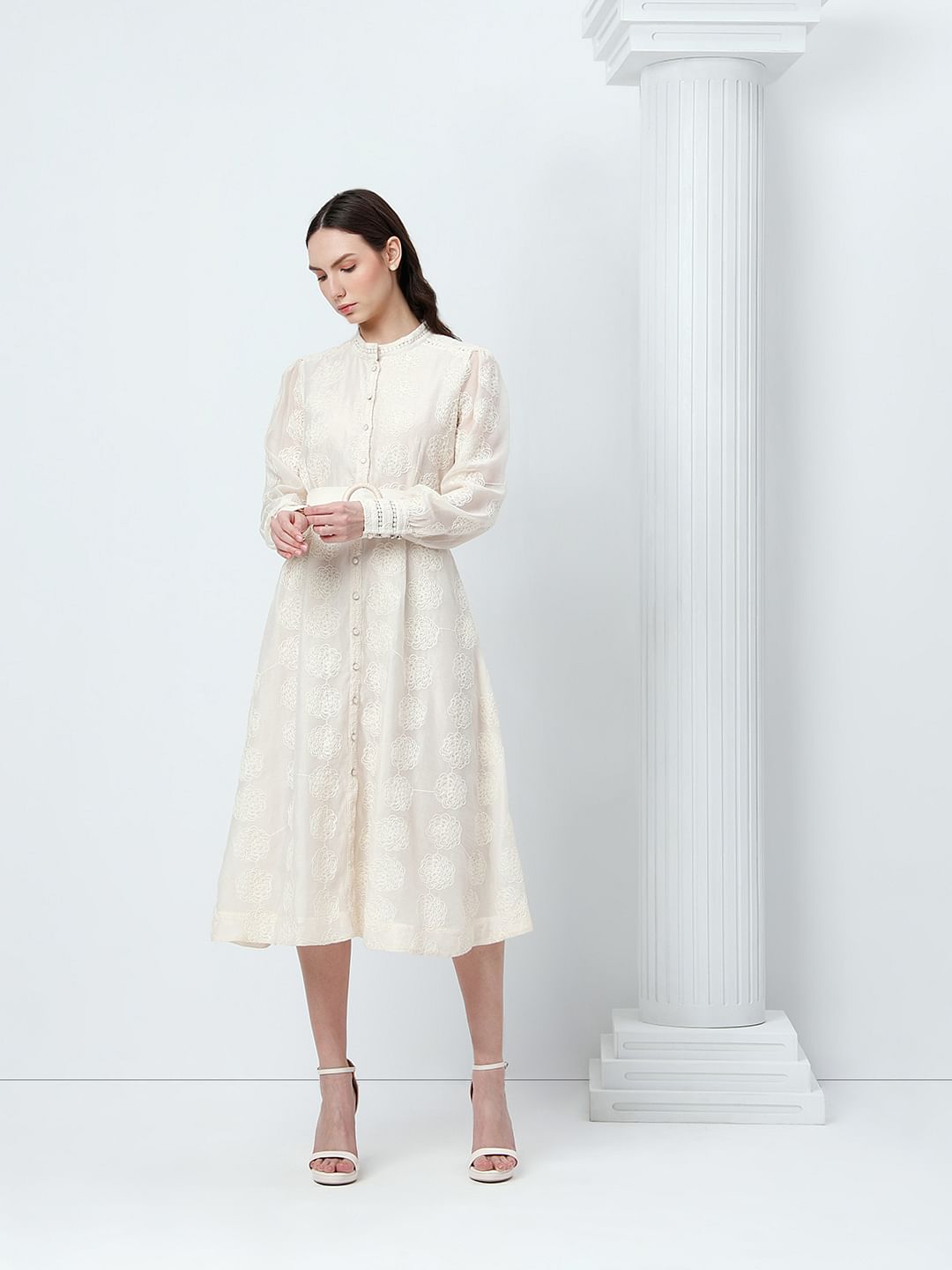 White Embroidered Cuffed Sleeves Dress