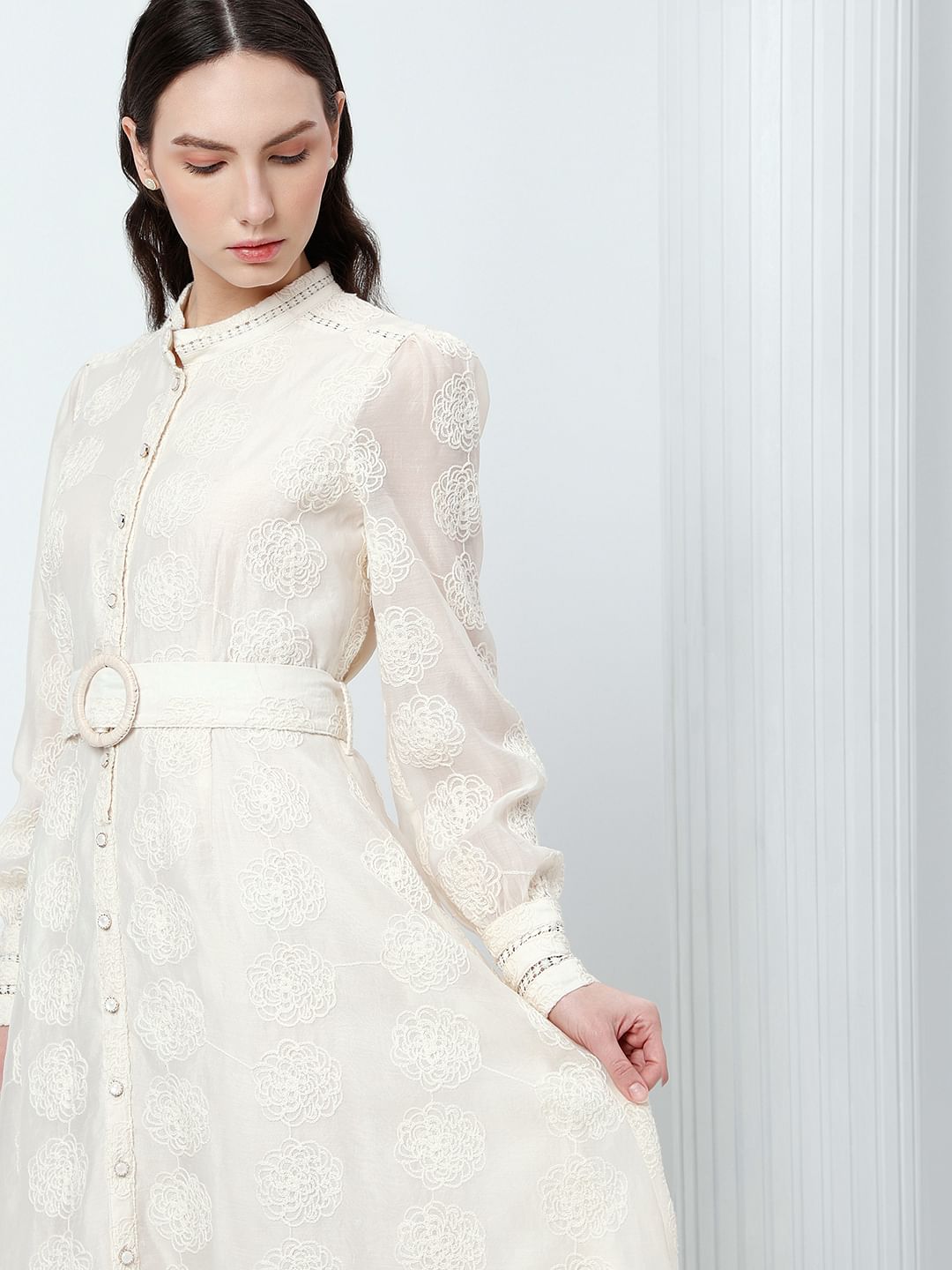 White Embroidered Cuffed Sleeves Dress