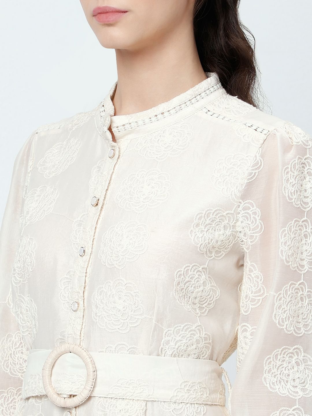 White Embroidered Cuffed Sleeves Dress