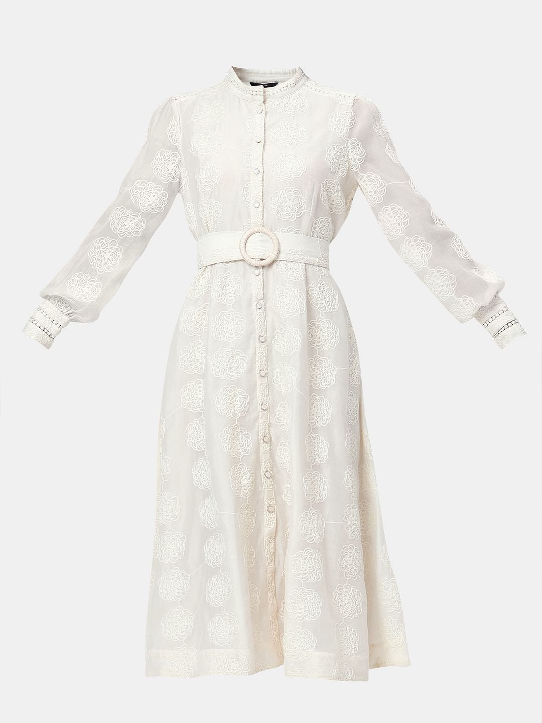 White Embroidered Cuffed Sleeves Dress