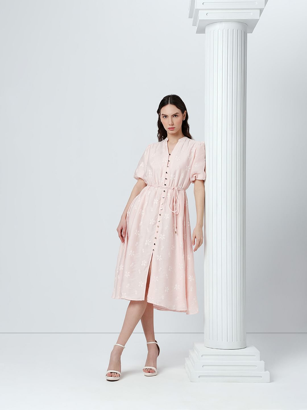 Light Pink Embroidered Midi Dress
