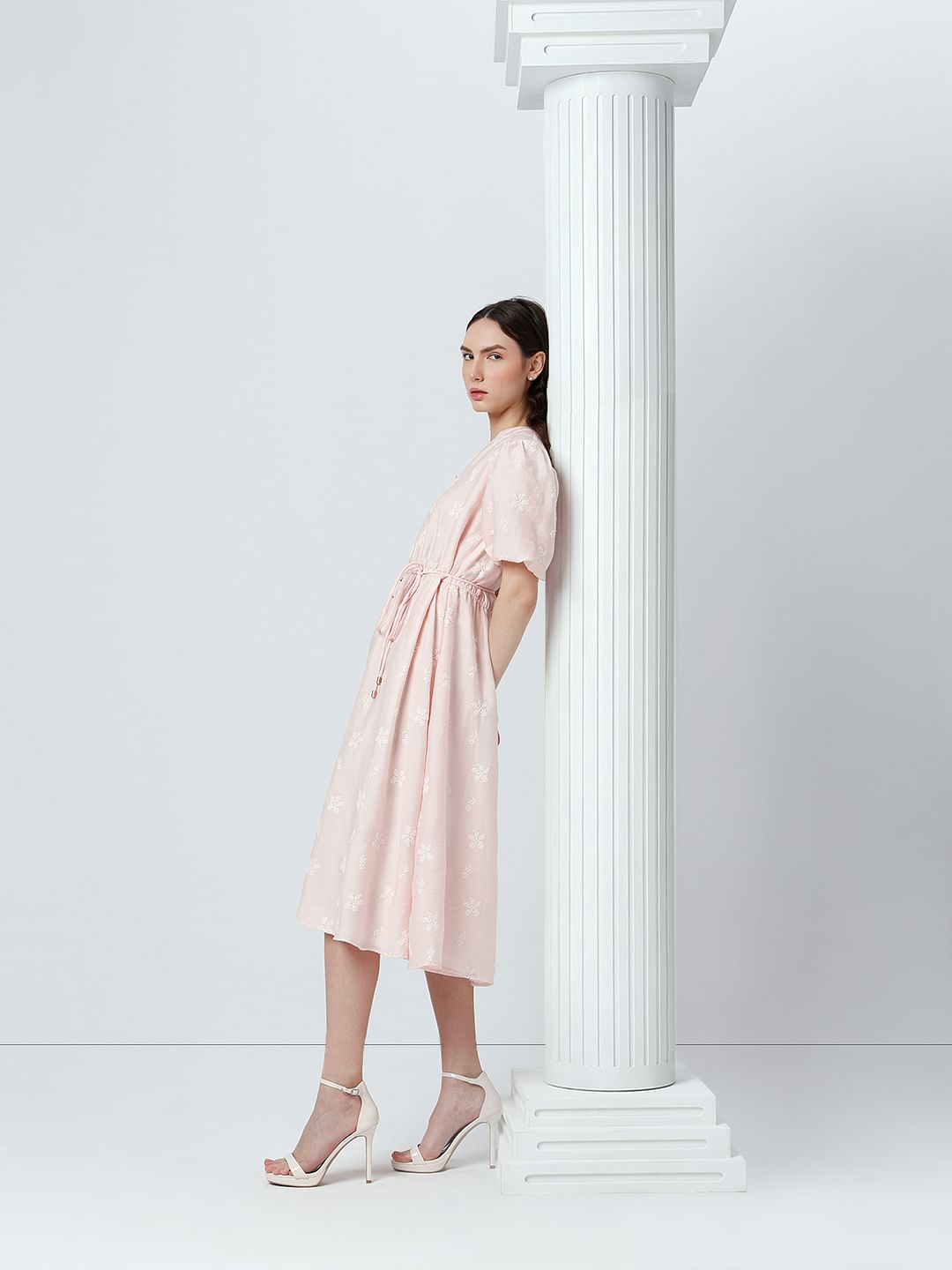 Light Pink Embroidered Midi Dress