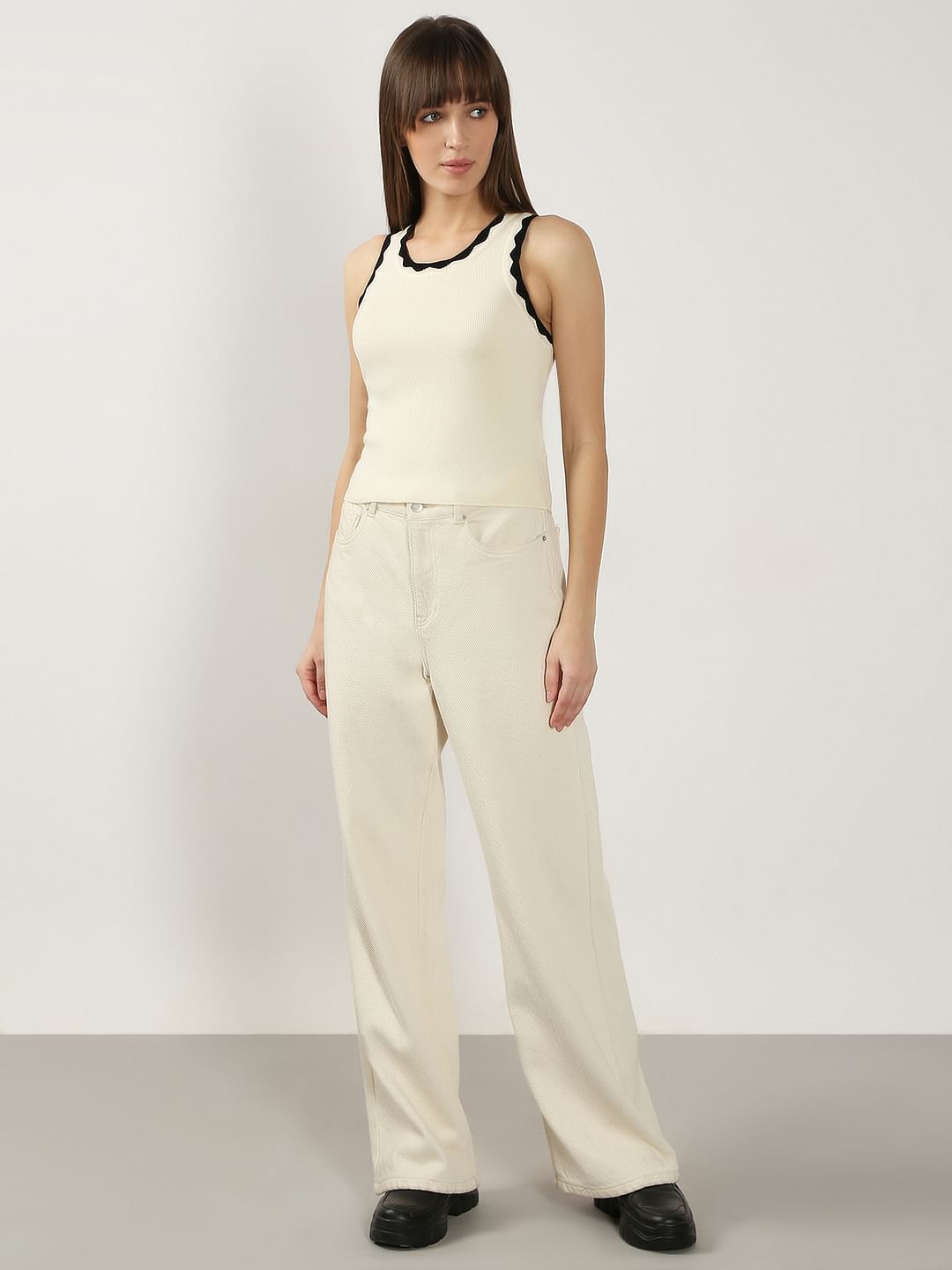 White Contrast Neck Top