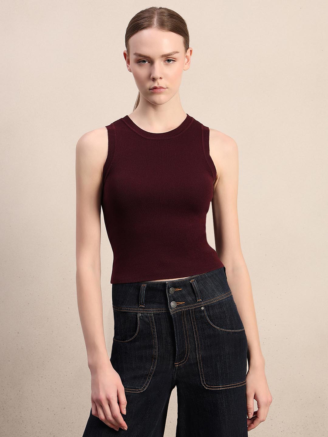Maroon Round Neck Knitted Top