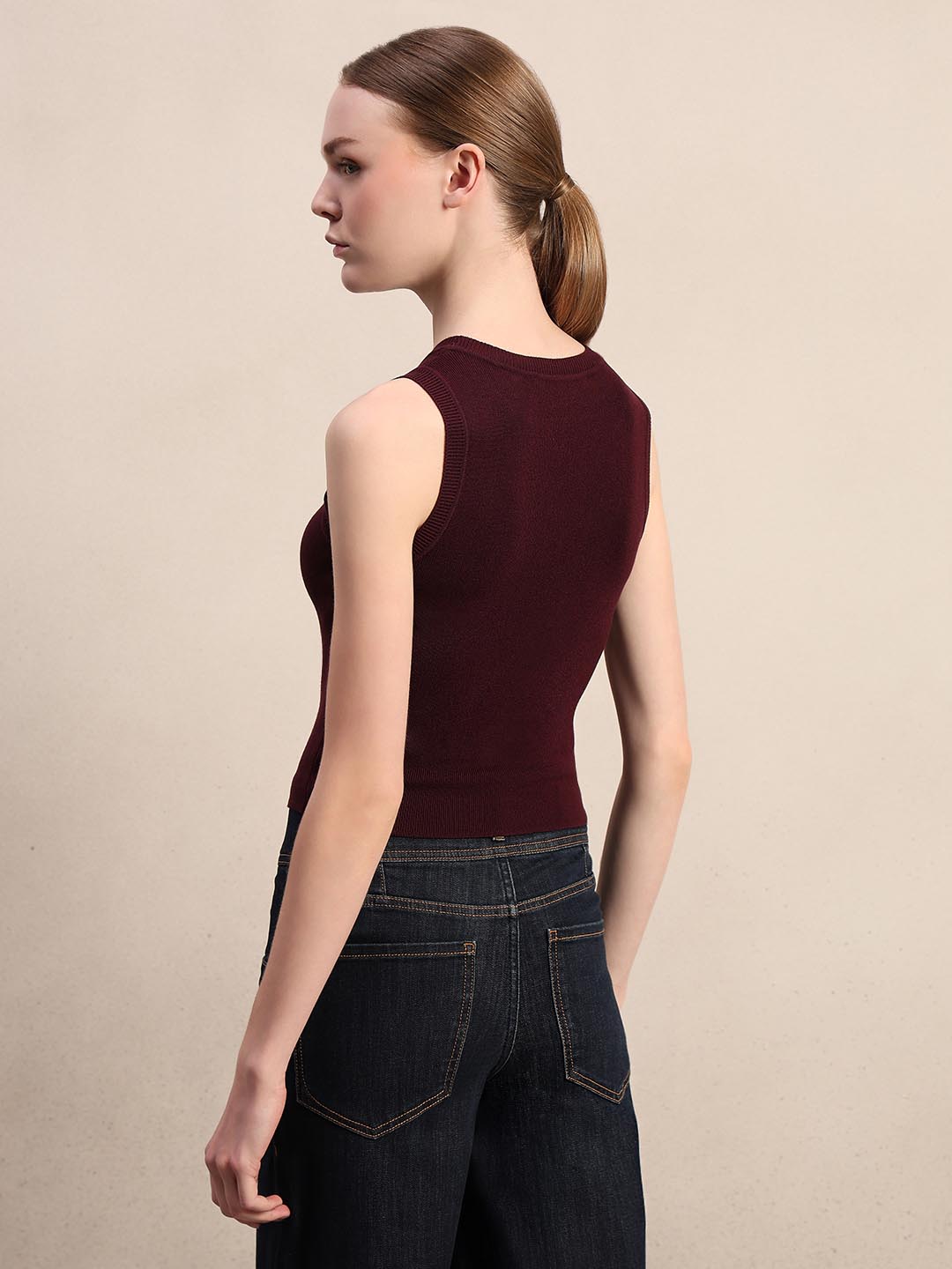 Maroon Round Neck Knitted Top