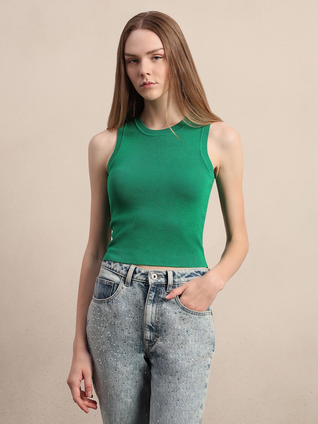 Green Round Neck Knitted Top