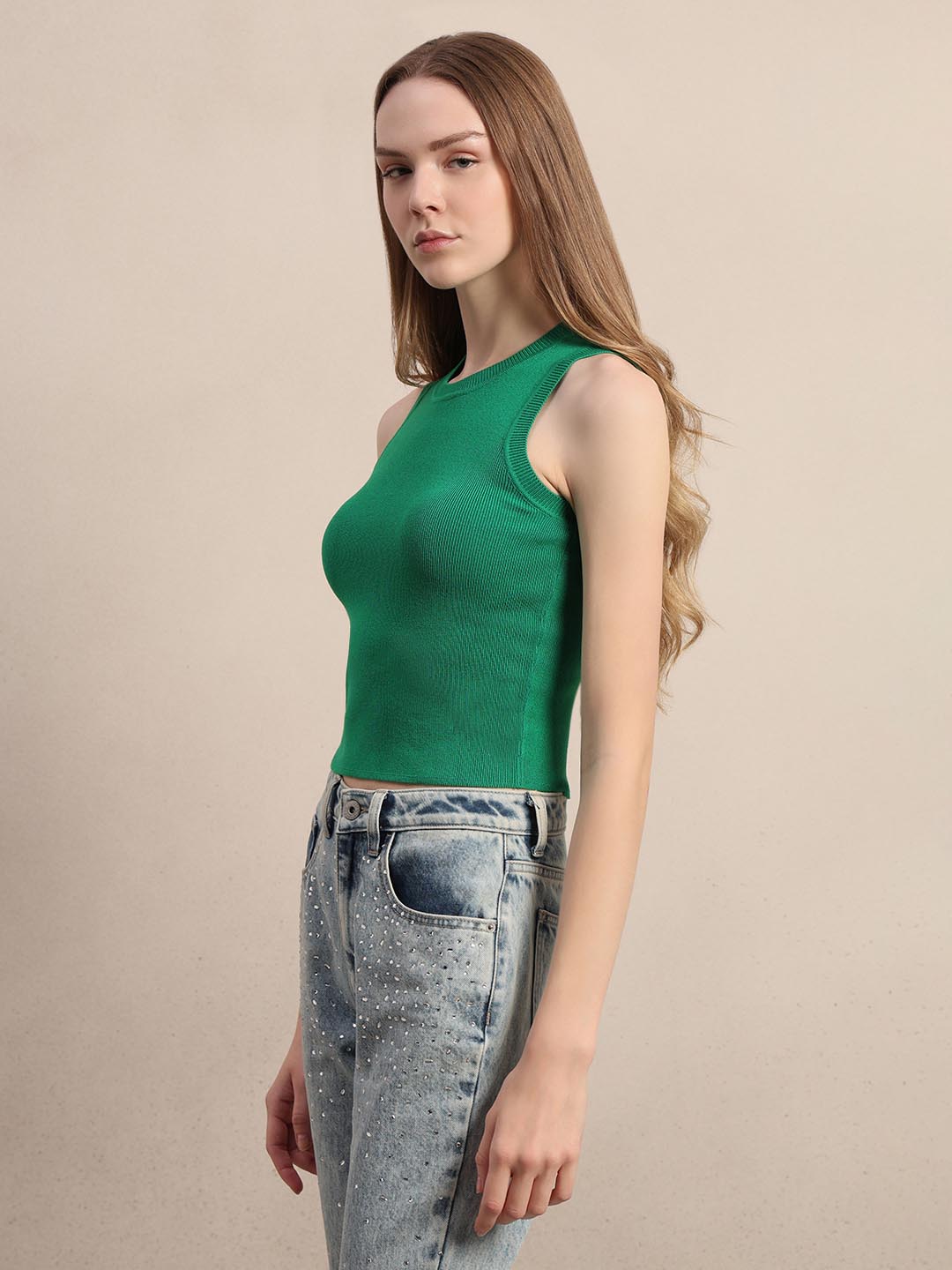 Green Round Neck Knitted Top