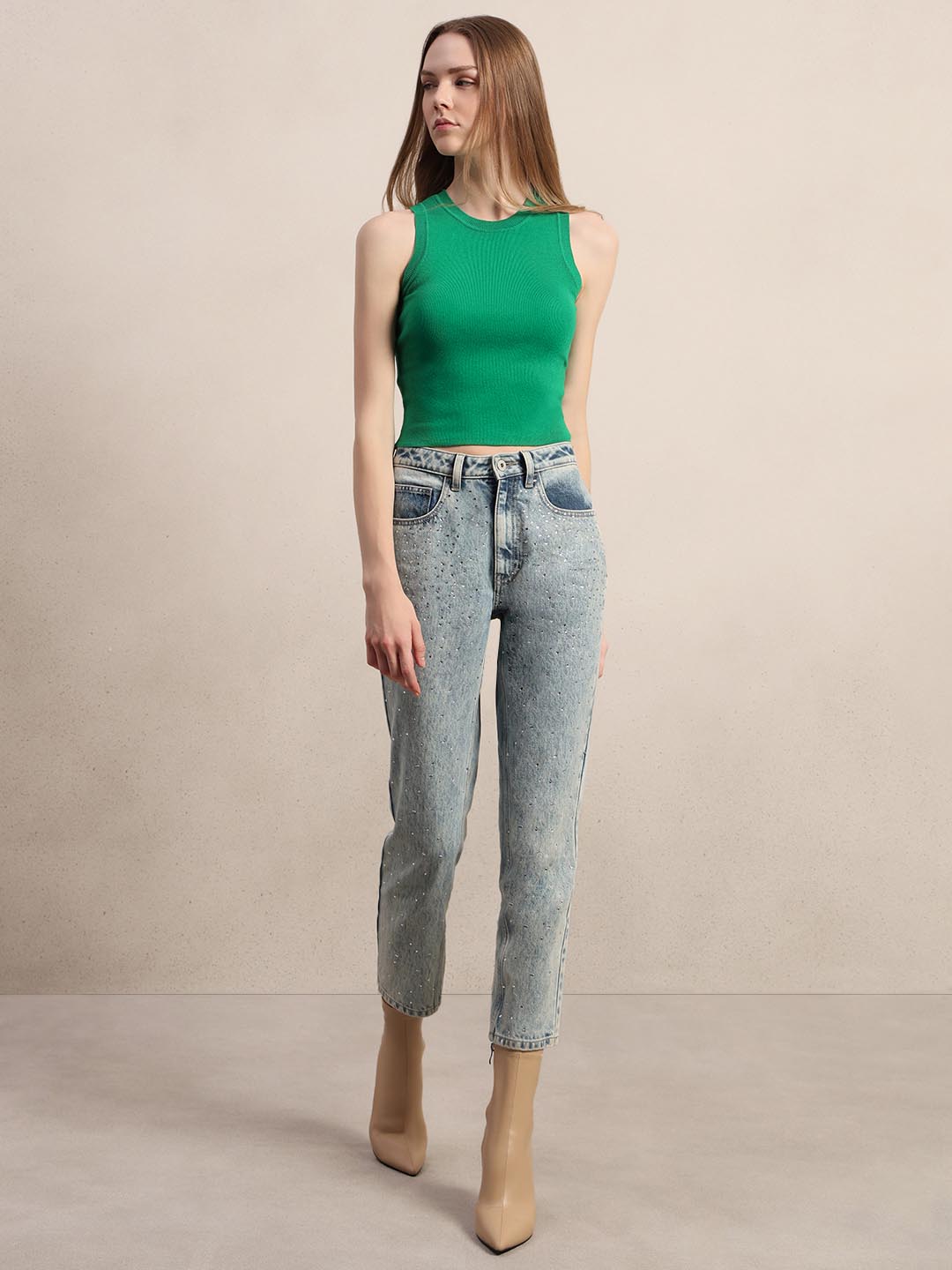 Green Round Neck Knitted Top