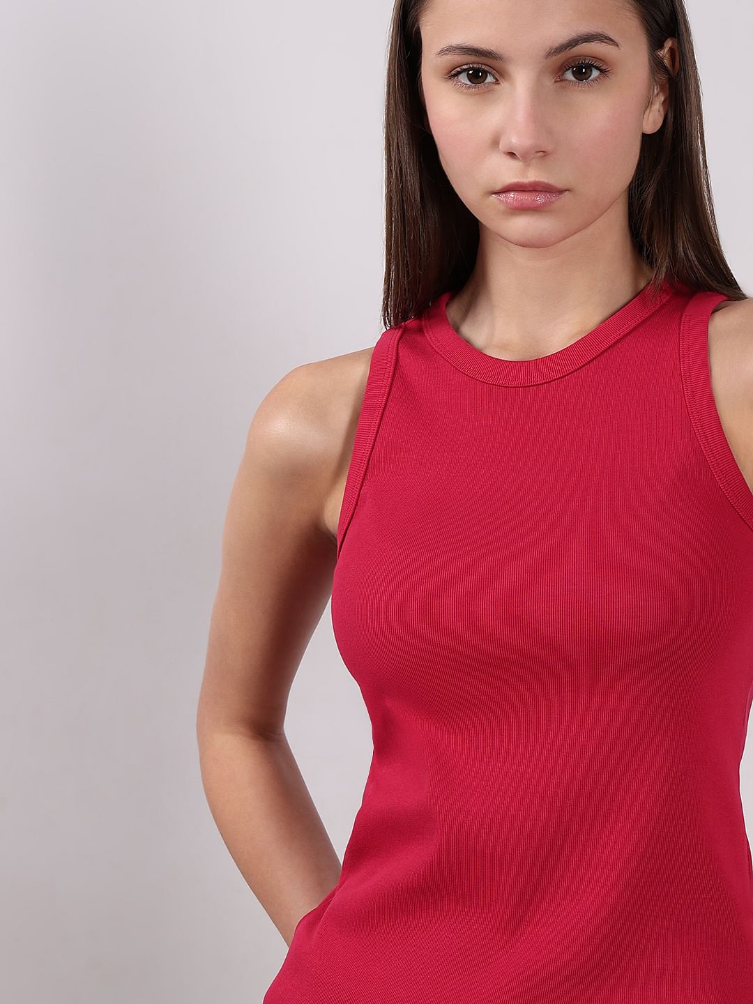 Dark Pink Ribbed Tank Top