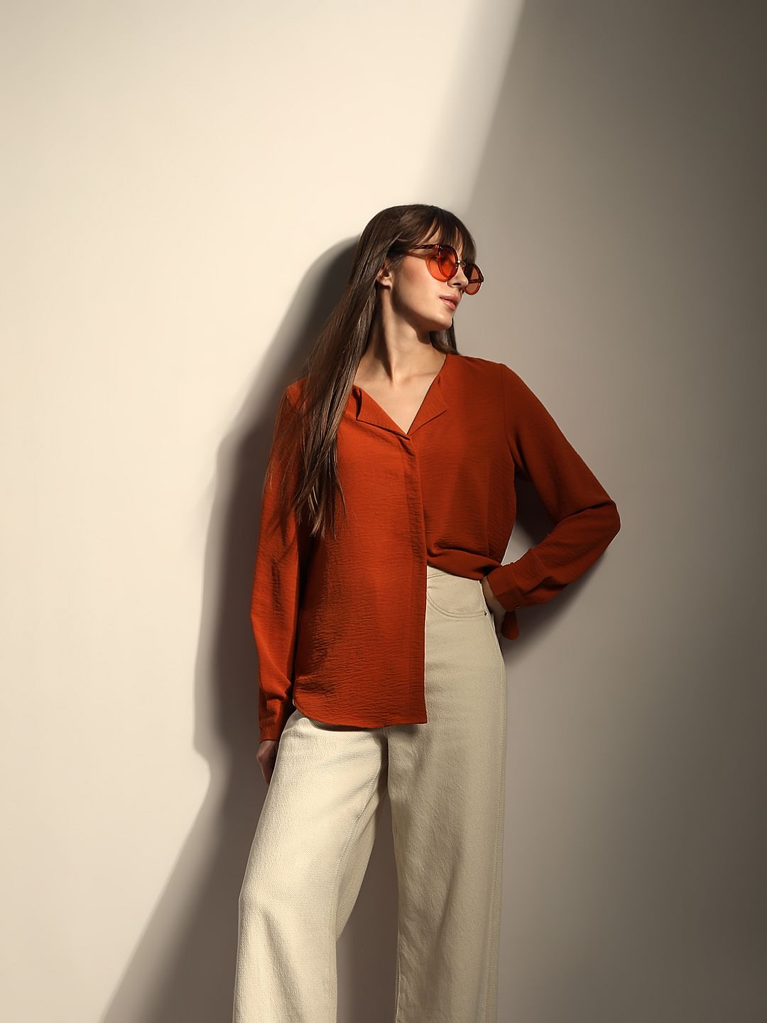 Rust Orange Red V Neck Shirt