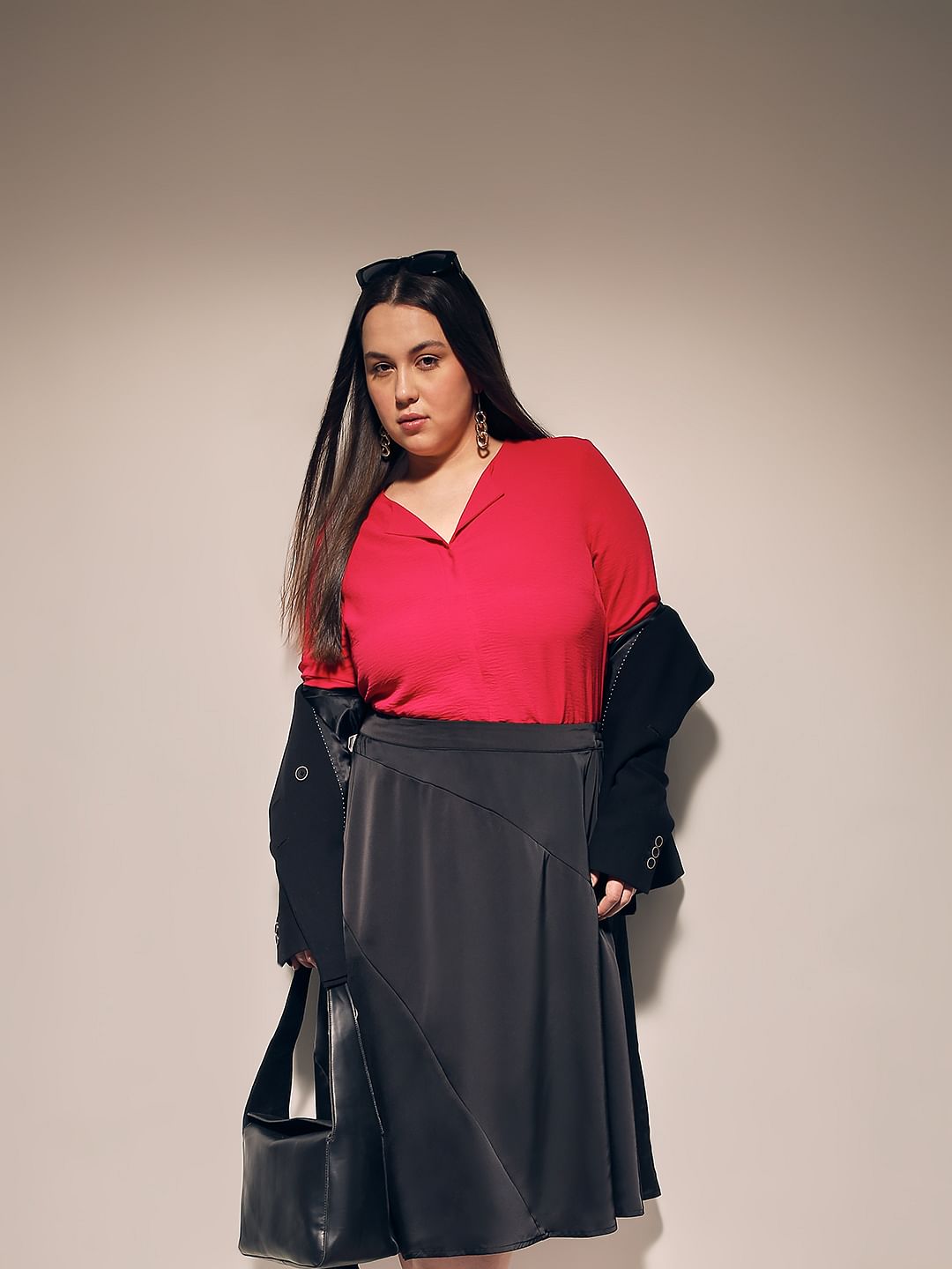 Curve Dark Pink V Neck Shirt