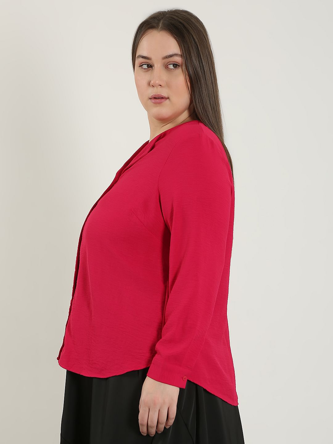 Curve Dark Pink V Neck Shirt