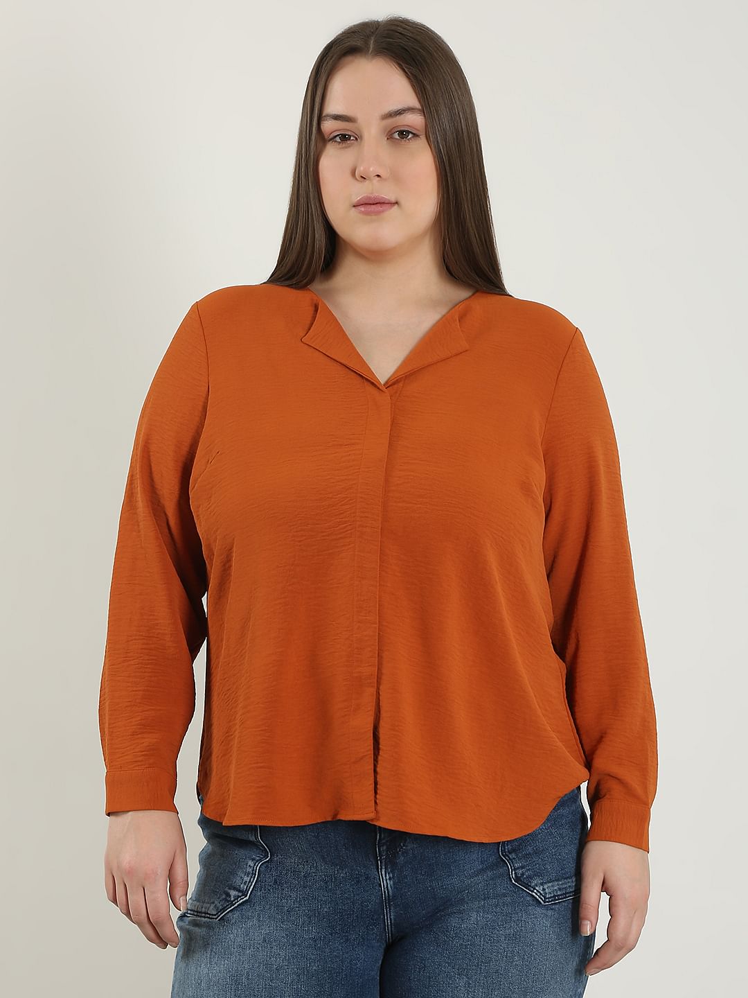 Curve Orange V Neck Shirt