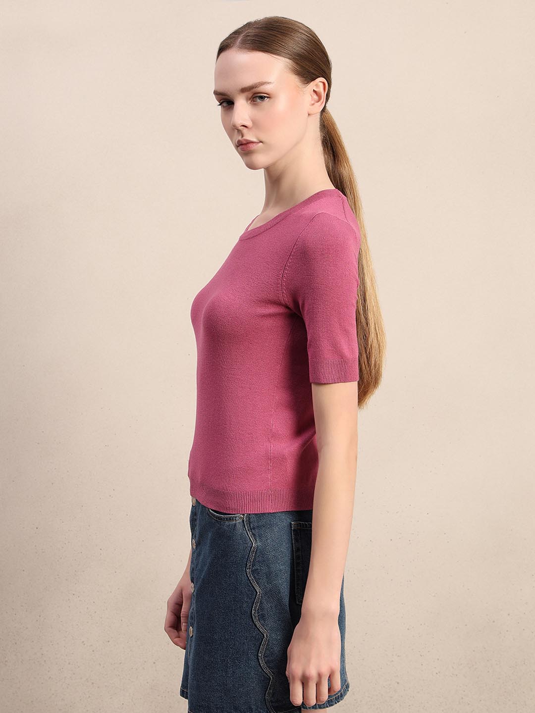 Pink Knitted Short Sleeves Top