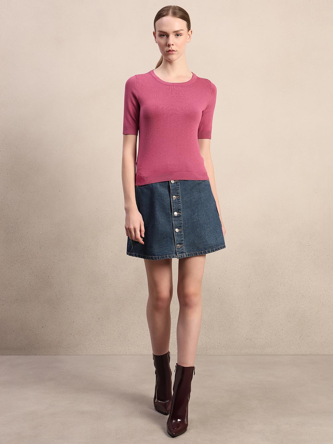 Pink Knitted Short Sleeves Top