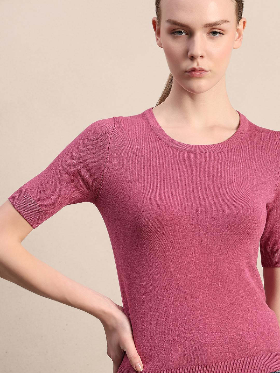 Pink Knitted Short Sleeves Top