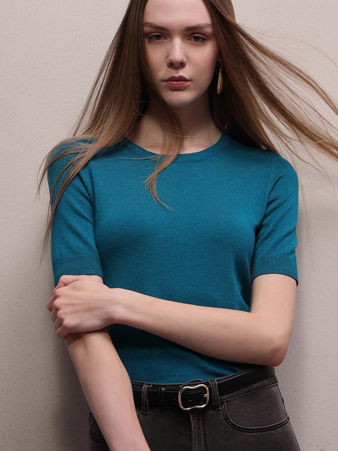 Teal Blue Knitted Short Sleeves Top