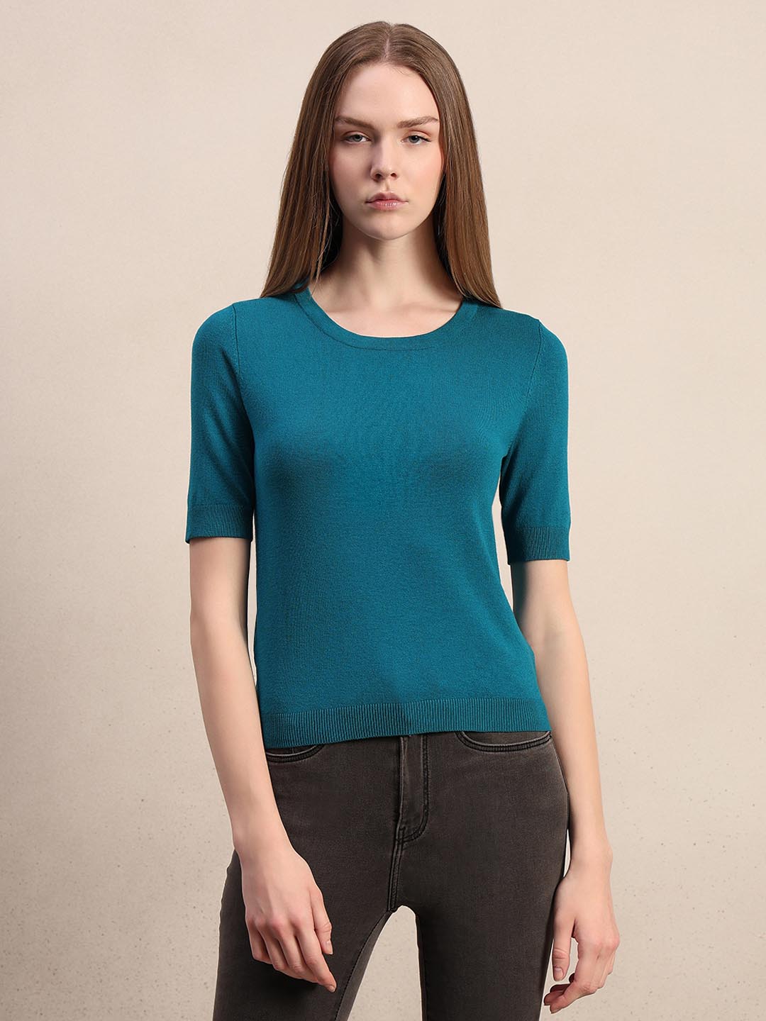Teal Blue Knitted Short Sleeves Top