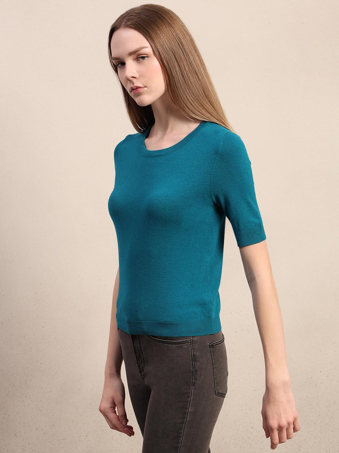 Teal Blue Knitted Short Sleeves Top