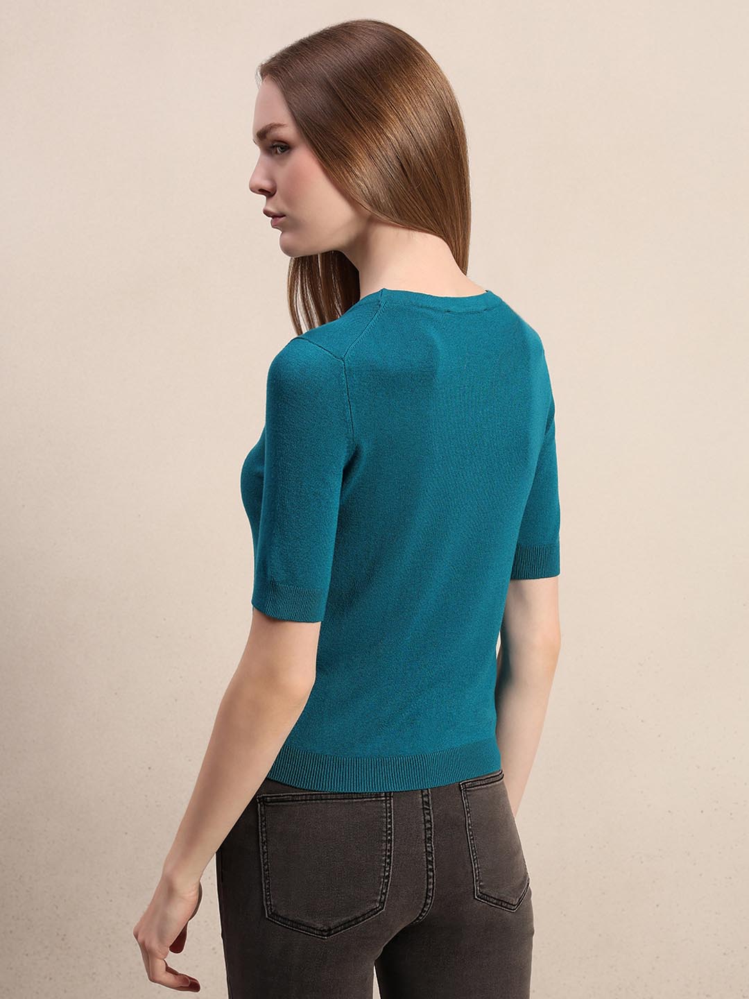 Teal Blue Knitted Short Sleeves Top