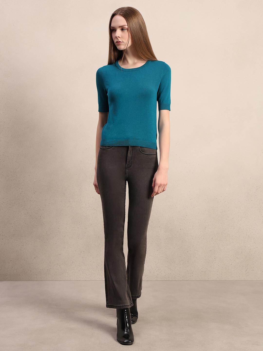 Teal Blue Knitted Short Sleeves Top