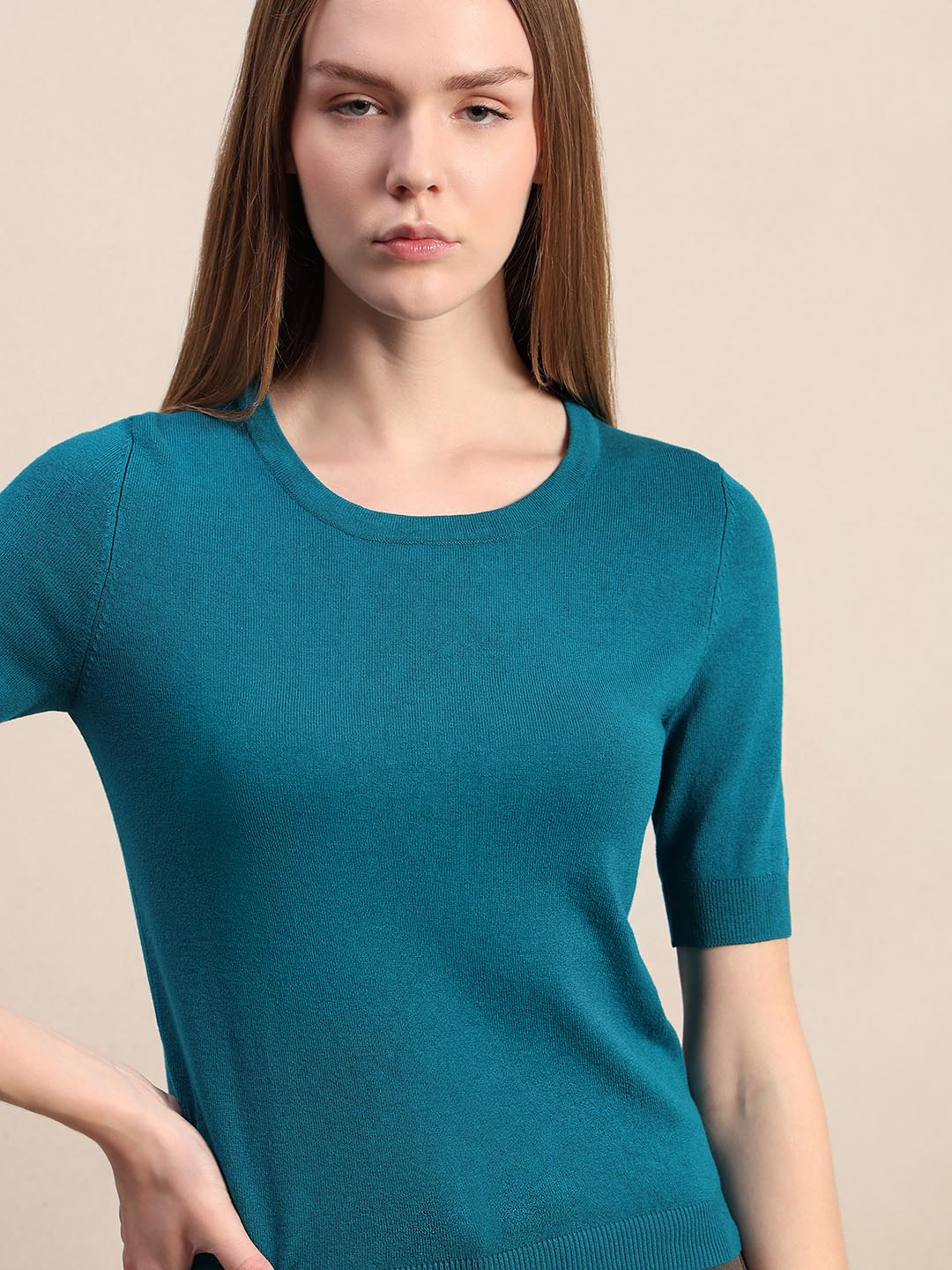 Teal Blue Knitted Short Sleeves Top
