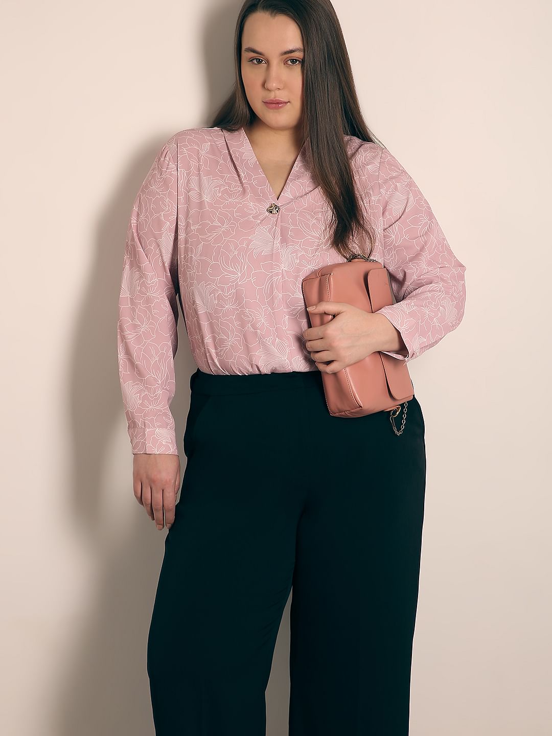 Curve Pink Printed V Neck Top